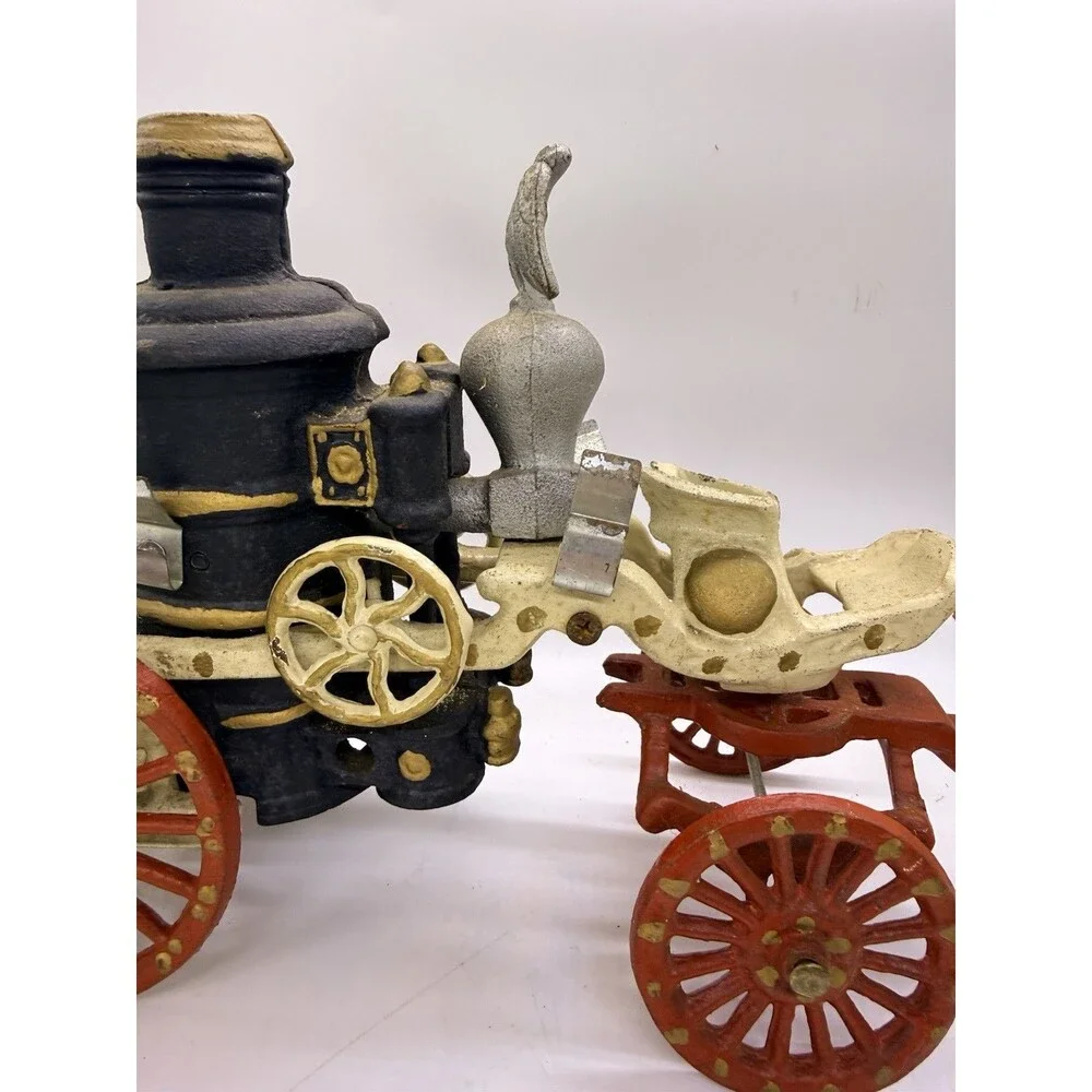 Vintage Cast Iron 3 Horse Drawn Fire Red Wagon Steam Pumper Toy